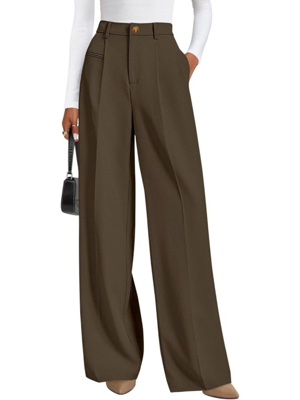 Women's Wide Leg Dress Pants Coffee Flowy Pants High Waisted Slacks Trousers